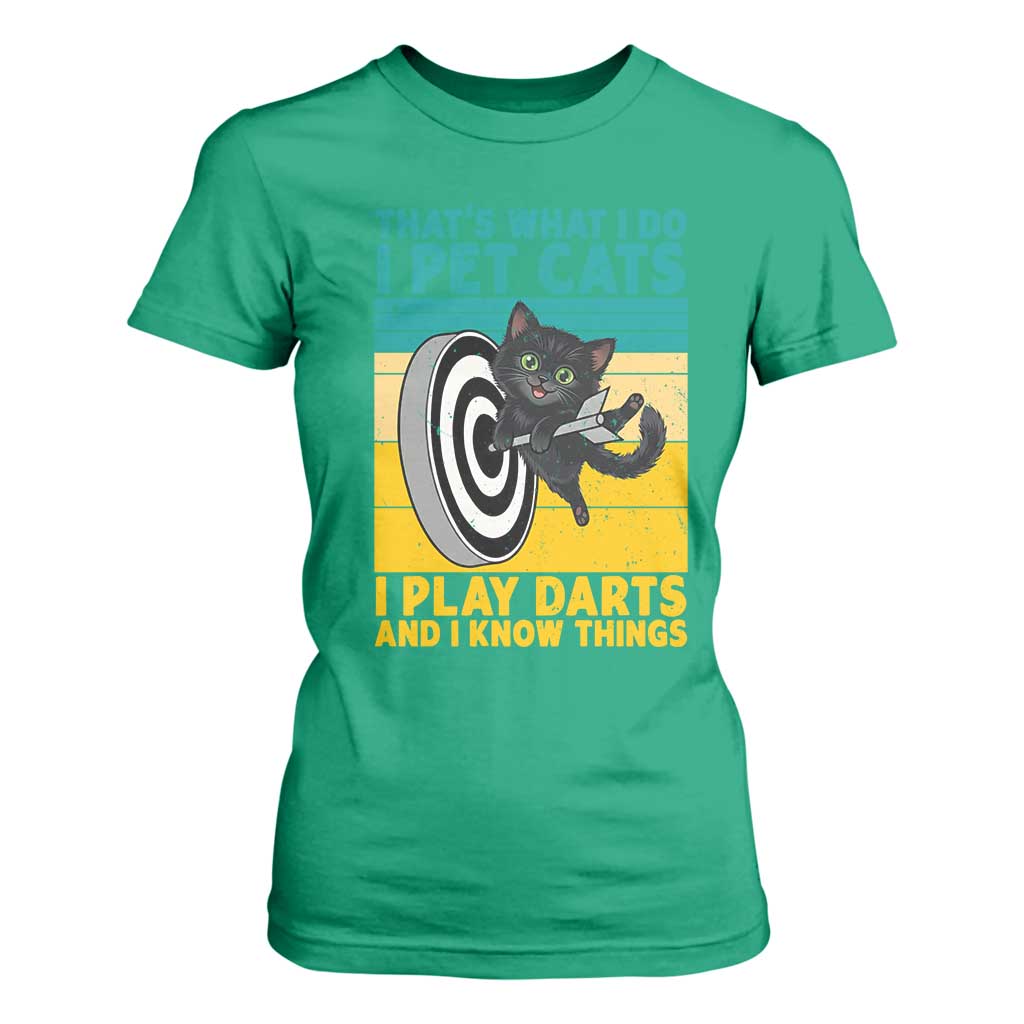 Funny Retro Sunset Cat Darts T Shirt For Women I Pet Cats I Play Darts And I Know Things TS12 Irish Green Print Your Wear