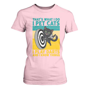 Funny Retro Sunset Cat Darts T Shirt For Women I Pet Cats I Play Darts And I Know Things TS12 Light Pink Print Your Wear