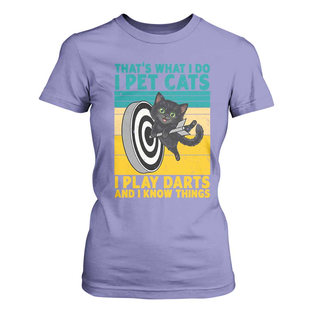 Funny Retro Sunset Cat Darts T Shirt For Women I Pet Cats I Play Darts And I Know Things TS12 Violet Print Your Wear