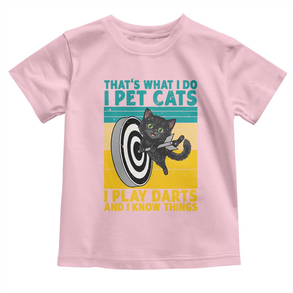 Funny Retro Sunset Cat Darts Toddler T Shirt I Pet Cats I Play Darts And I Know Things TS12 Light Pink Print Your Wear