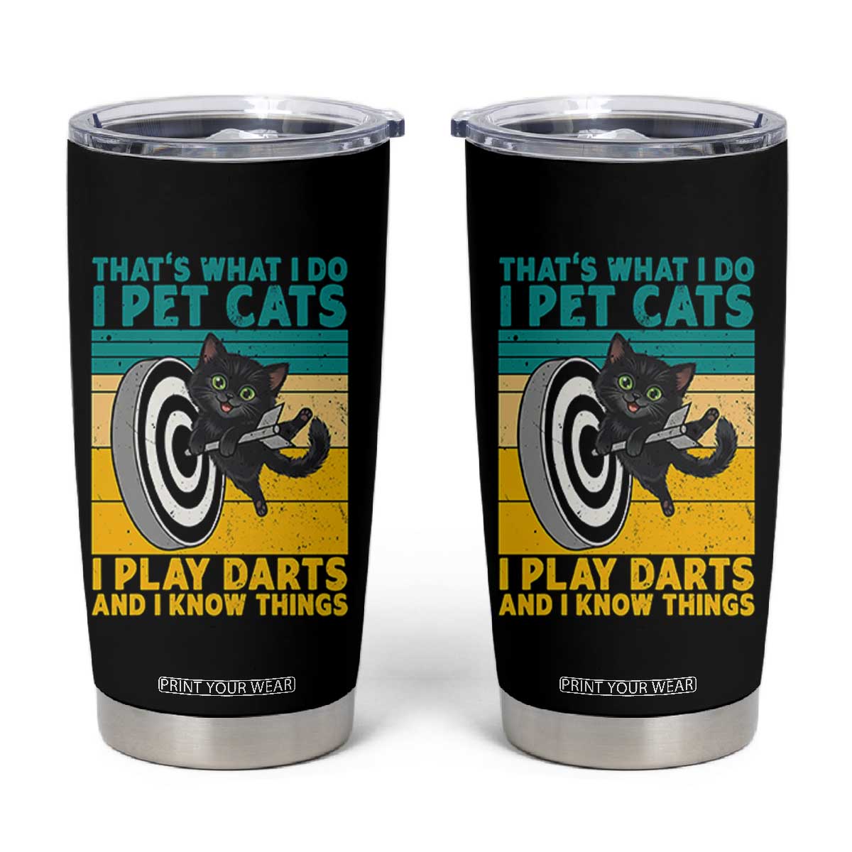 Funny Retro Sunset Cat Darts Tumbler Cup I Pet Cats I Play Darts And I Know Things TS12 Black Print Your Wear