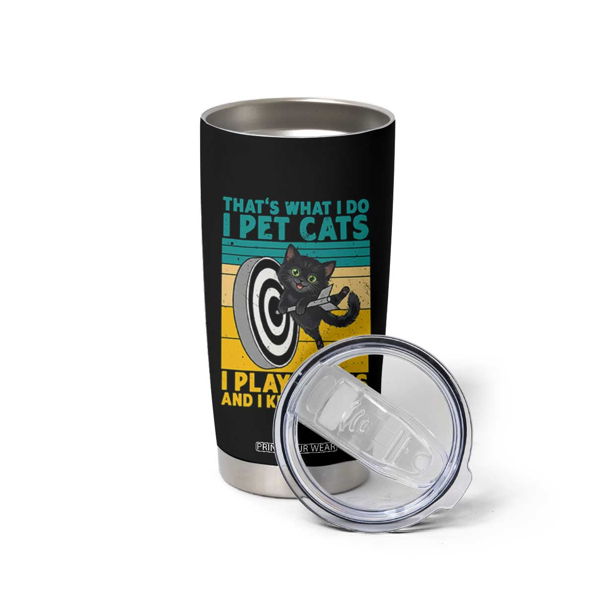 Funny Retro Sunset Cat Darts Tumbler Cup I Pet Cats I Play Darts And I Know Things TS12 Print Your Wear