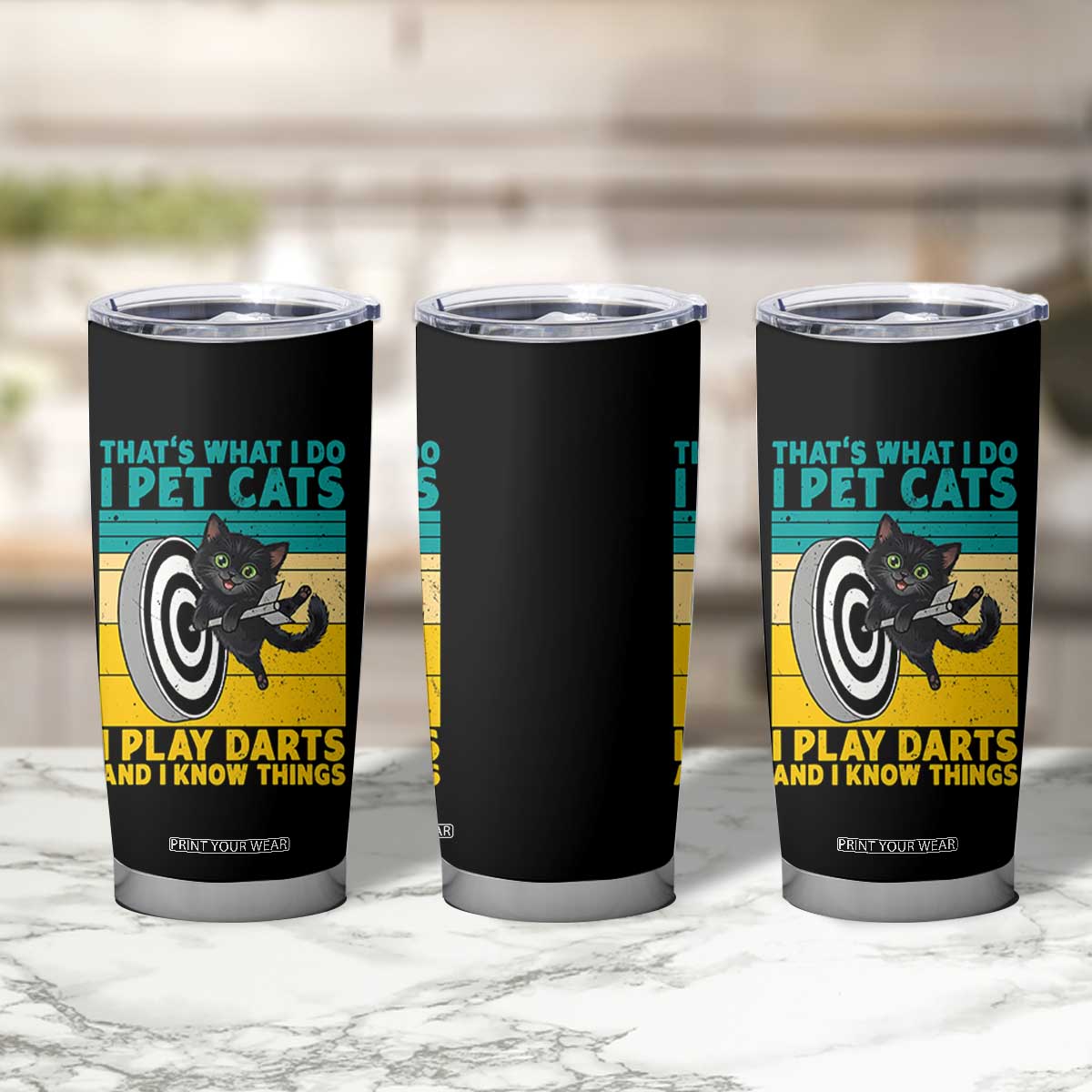 Funny Retro Sunset Cat Darts Tumbler Cup I Pet Cats I Play Darts And I Know Things TS12 Print Your Wear