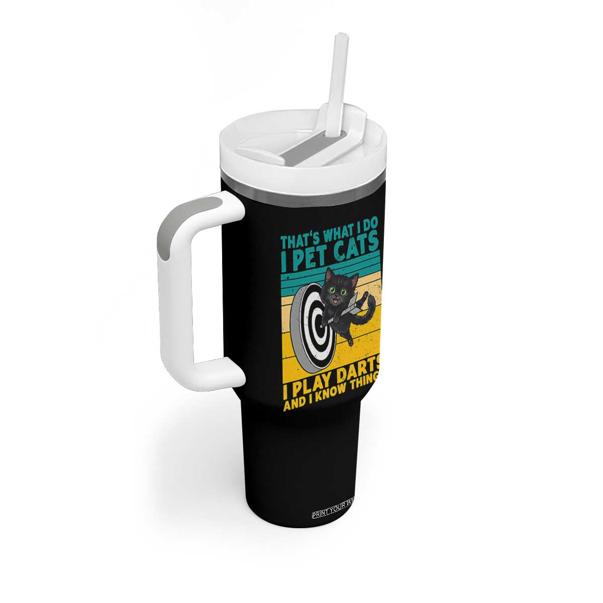 Funny Retro Sunset Cat Darts Tumbler With Handle I Pet Cats I Play Darts And I Know Things TS12 Print Your Wear