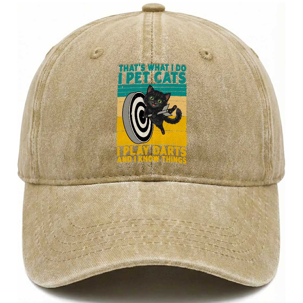 Funny Retro Sunset Cat Darts Washed Cotton Baseball Cap I Pet Cats I Play Darts And I Know Things TS12 Print Your Wear