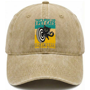 Funny Retro Sunset Cat Darts Washed Cotton Baseball Cap I Pet Cats I Play Darts And I Know Things TS12 Print Your Wear