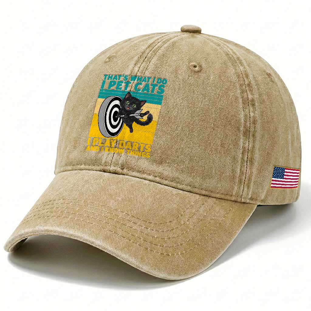 Funny Retro Sunset Cat Darts Washed Cotton Baseball Cap I Pet Cats I Play Darts And I Know Things TS12 Print Your Wear