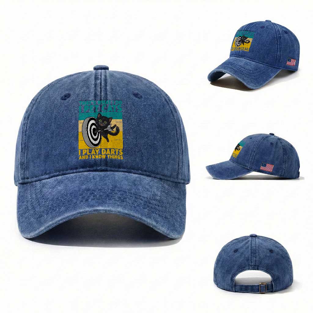 Funny Retro Sunset Cat Darts Washed Cotton Baseball Cap I Pet Cats I Play Darts And I Know Things TS12 Washed Cap Universal Fit Royal Blue Print Your Wear