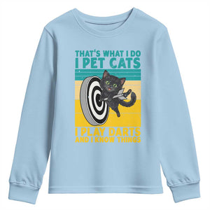 Funny Retro Sunset Cat Darts Youth Sweatshirt I Pet Cats I Play Darts And I Know Things TS12 Light Blue Print Your Wear