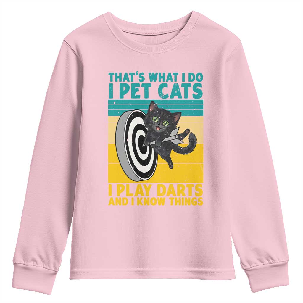 Funny Retro Sunset Cat Darts Youth Sweatshirt I Pet Cats I Play Darts And I Know Things TS12 Light Pink Print Your Wear