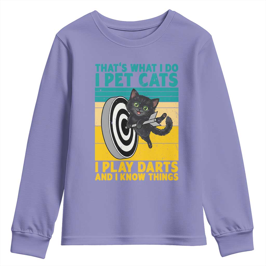 Funny Retro Sunset Cat Darts Youth Sweatshirt I Pet Cats I Play Darts And I Know Things TS12 Violet Print Your Wear
