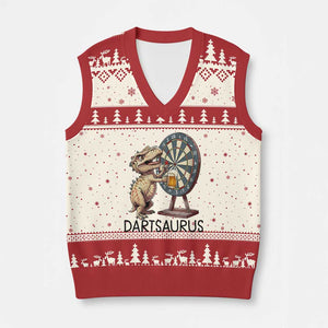 Dartsaurus V-Neck Knit Sweater Vest Funny Dinosaur Dart Player Gift TS12 Beige Red Print Your Wear