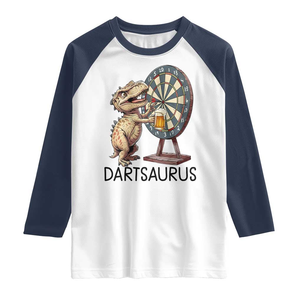Dartsaurus Raglan Shirt Funny Dinosaur Dart Player Gift TS12 White Navy Print Your Wear