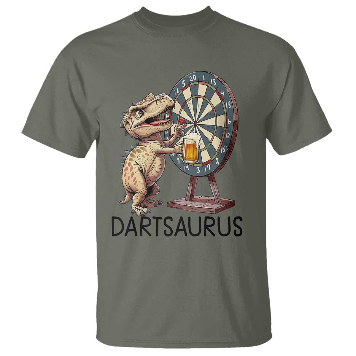 Dartsaurus T Shirt Funny Dinosaur Dart Player Gift TS12 Military Green Print Your Wear