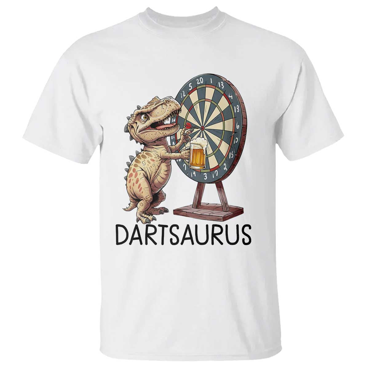 Dartsaurus T Shirt Funny Dinosaur Dart Player Gift TS12 White Print Your Wear