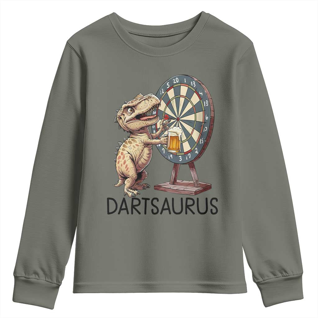 Dartsaurus Youth Sweatshirt Funny Dinosaur Dart Player Gift TS12 Military Green Print Your Wear