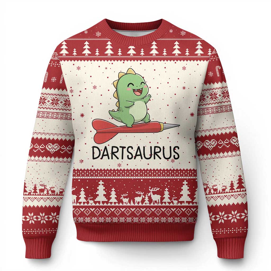 Cute Dartsaurus Playing Dart Ugly Christmas Sweater Dinosaur Lover Gift TS12 Beige Red Print Your Wear