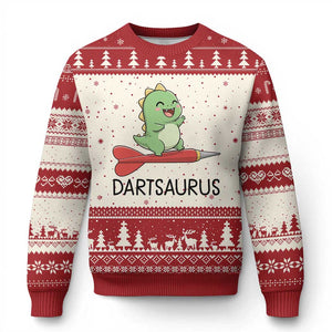 Cute Dartsaurus Playing Dart Ugly Christmas Sweater Dinosaur Lover Gift TS12 Beige Red Print Your Wear