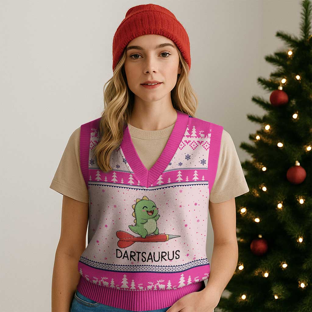 Cute Dartsaurus Playing Dart V-Neck Knit Sweater Vest Dinosaur Lover Gift TS12 Hot Pink Print Your Wear