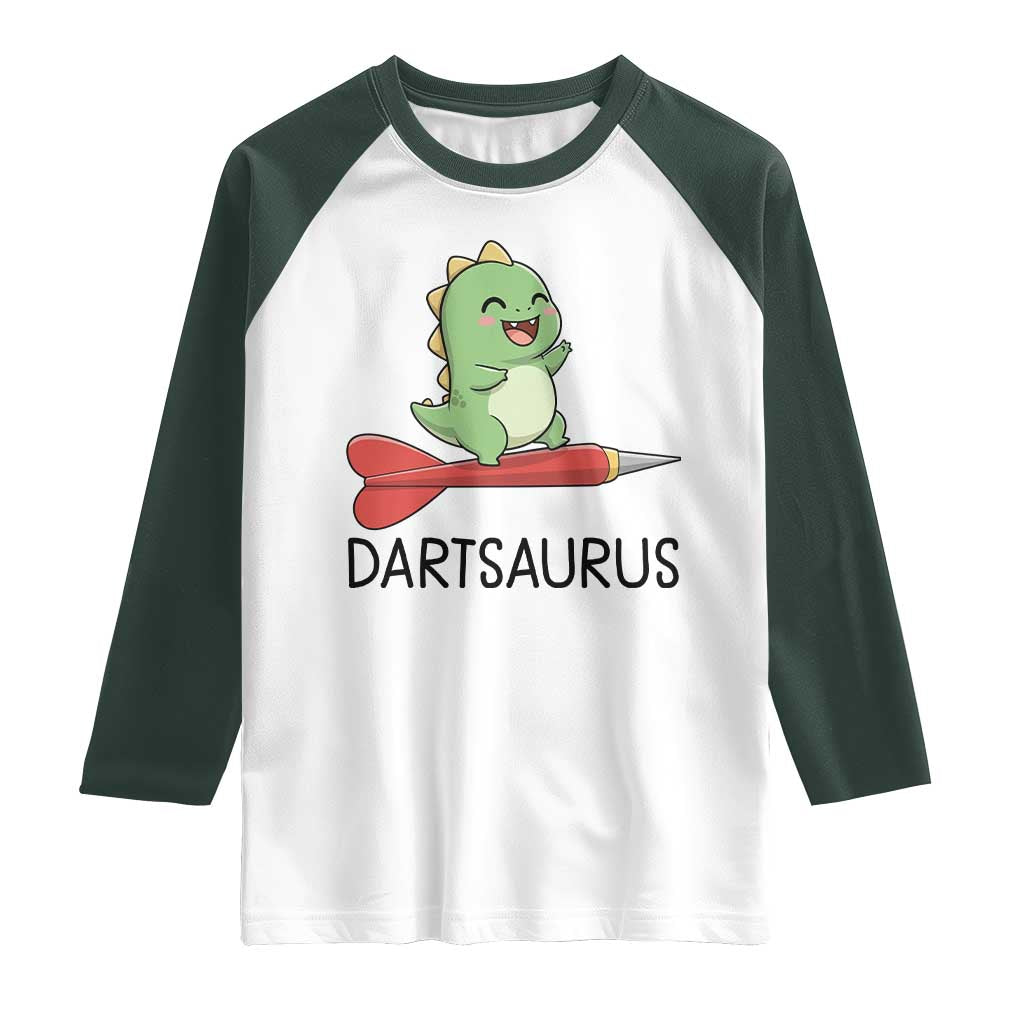 Cute Dartsaurus Playing Dart Raglan Shirt Dinosaur Lover Gift TS12 White Dark Forest Green Print Your Wear