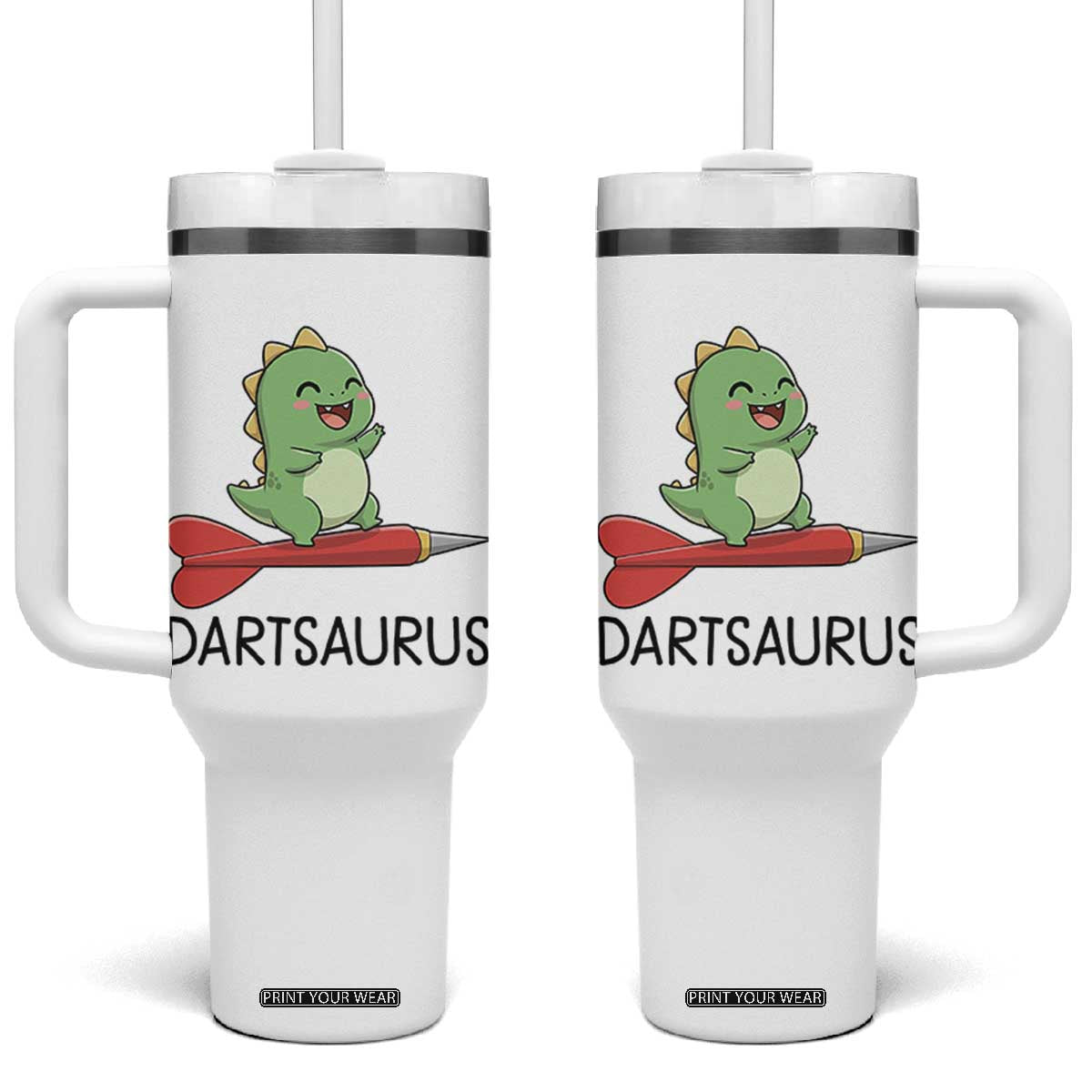 Cute Dartsaurus Playing Dart Tumbler With Handle Dinosaur Lover Gift TS12 One Size: 40 oz White Print Your Wear