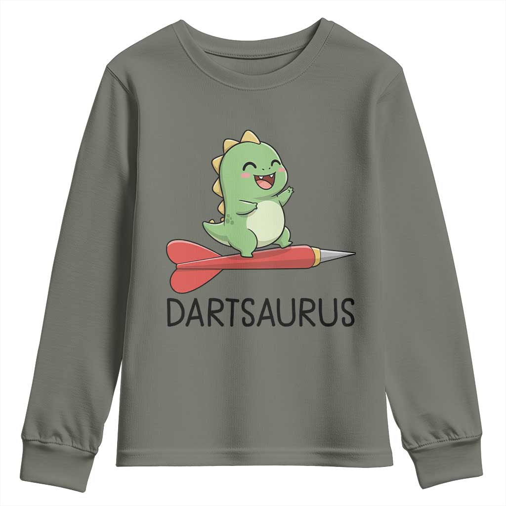 Cute Dartsaurus Playing Dart Youth Sweatshirt Dinosaur Lover Gift TS12 Military Green Print Your Wear