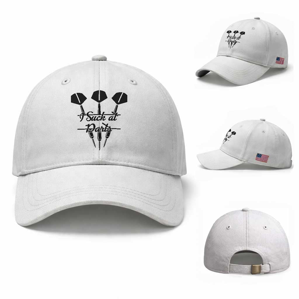 Funny I Suck At Darts Baseball Cap Bar Game Lover Dartist Gift TS12 Baseball Cap Universal Fit White Print Your Wear