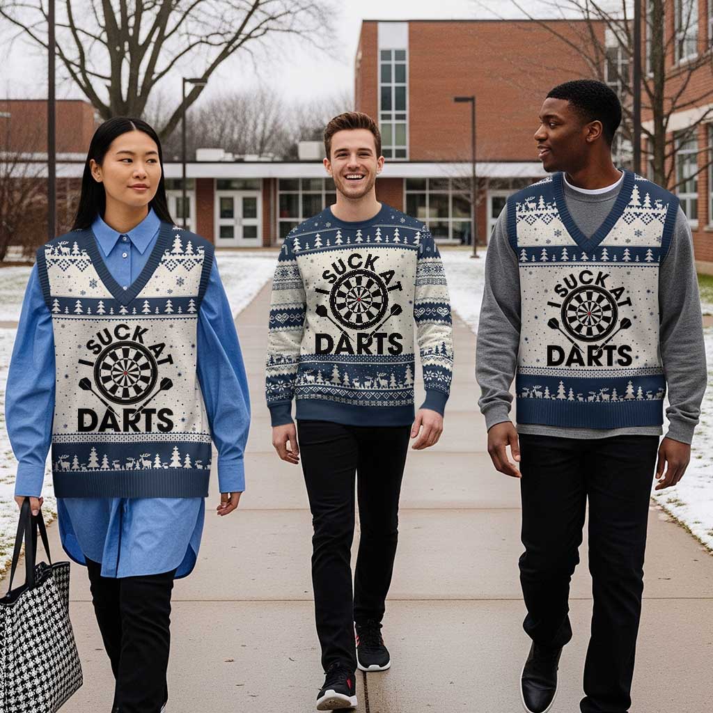 Funny I Suck At Darts V-Neck Knit Sweater Vest Darts Lover Gift For Bad Players TS12 Beige Navy Print Your Wear