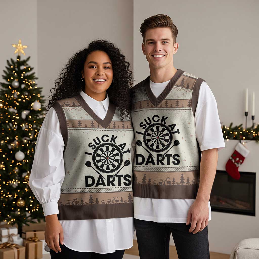 Funny I Suck At Darts V-Neck Knit Sweater Vest Darts Lover Gift For Bad Players TS12 Mocha Mousse Print Your Wear