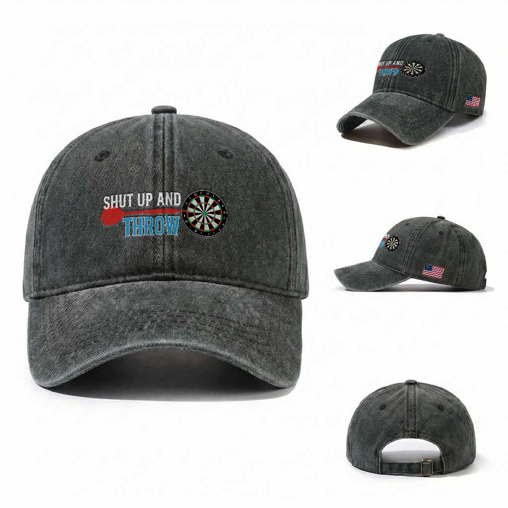 Shut Up And Throw Washed Cotton Baseball Cap Funny Darts Player Gift TS12 Washed Cap Universal Fit Dark Green Print Your Wear