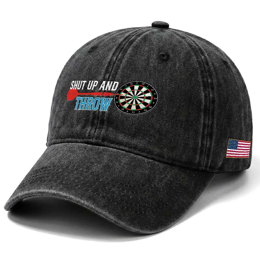 Shut Up And Throw Washed Cotton Baseball Cap Funny Darts Player Gift TS12 Print Your Wear