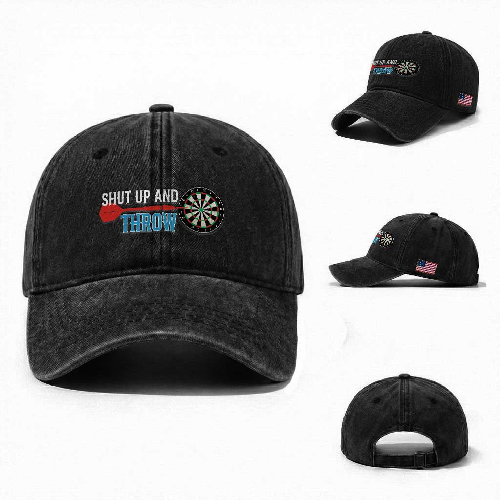 Shut Up And Throw Washed Cotton Baseball Cap Funny Darts Player Gift TS12 Washed Cap Universal Fit Black Print Your Wear