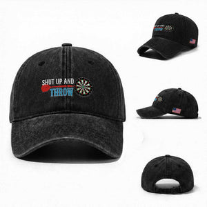 Shut Up And Throw Washed Cotton Baseball Cap Funny Darts Player Gift TS12 Washed Cap Universal Fit Black Print Your Wear