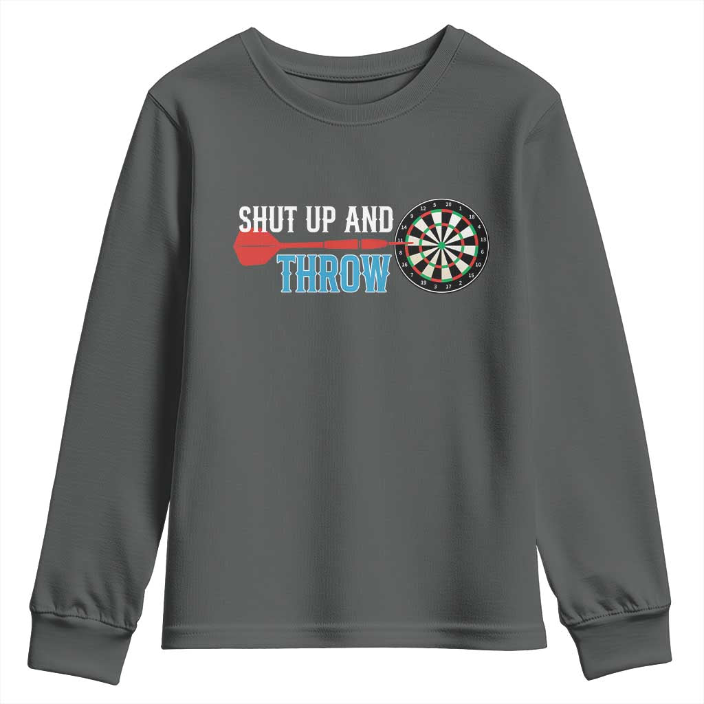 Shut Up And Throw Youth Sweatshirt Funny Darts Player Gift TS12 Dark Heather Print Your Wear