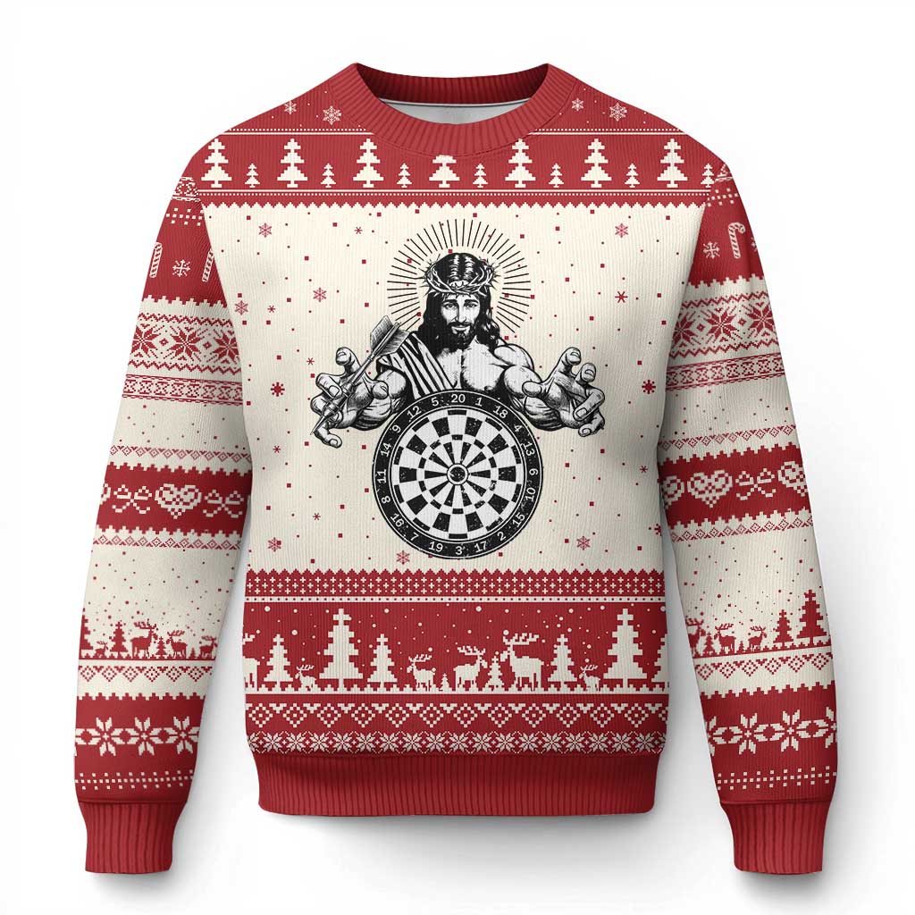 Funny Christian Dartist Gift Ugly Christmas Sweater Jesus Bullseye Shooter TS12 Beige Red Print Your Wear