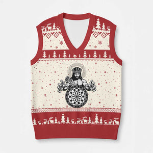 Funny Christian Dartist Gift V-Neck Knit Sweater Vest Jesus Bullseye Shooter TS12 Beige Red Print Your Wear