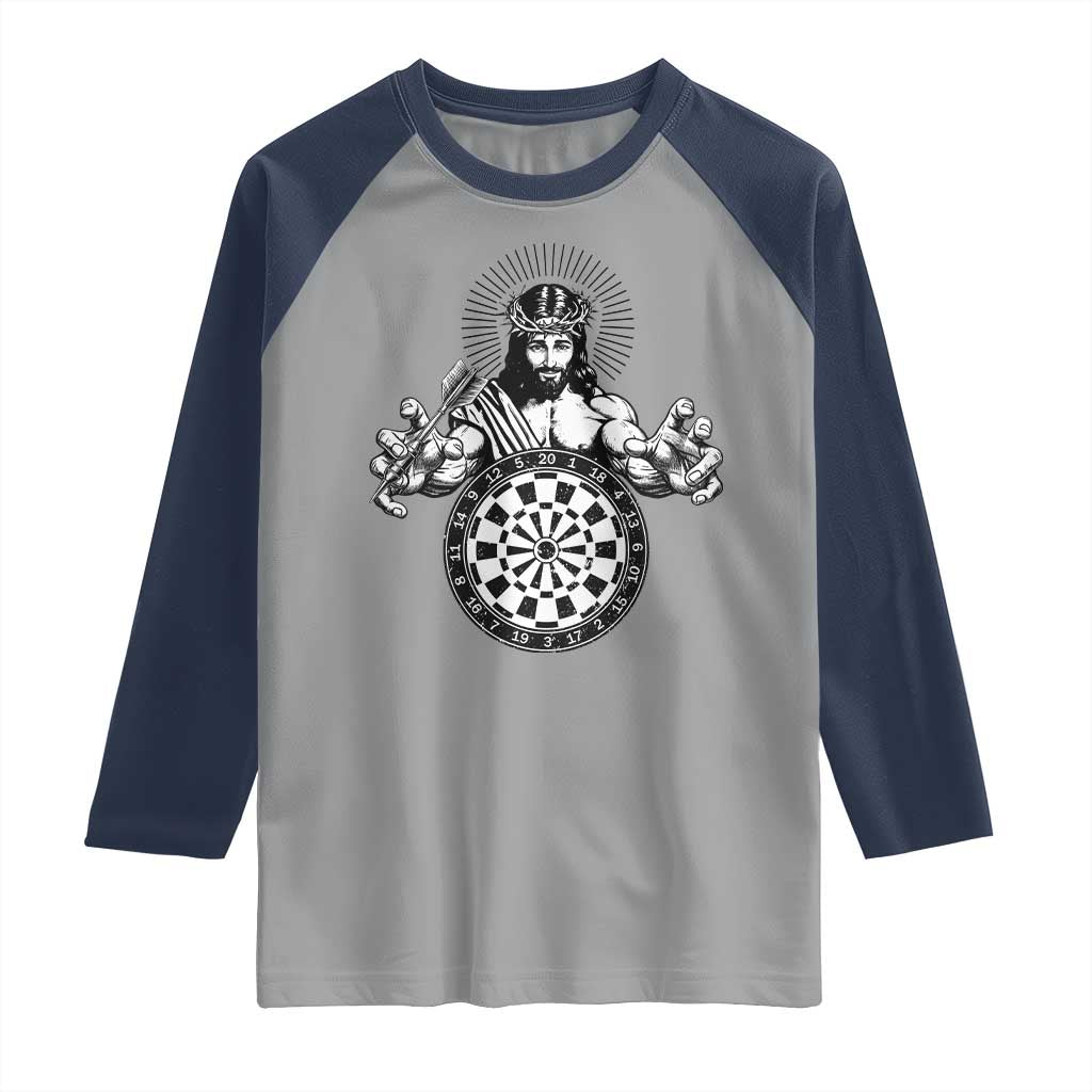 Funny Christian Dartist Gift Raglan Shirt Jesus Bullseye Shooter TS12 Sport Gray Navy Print Your Wear