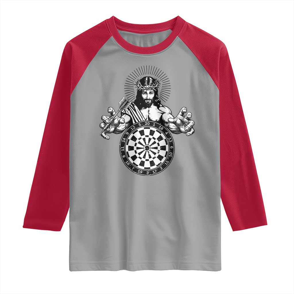 Funny Christian Dartist Gift Raglan Shirt Jesus Bullseye Shooter TS12 Sport Gray Red Print Your Wear