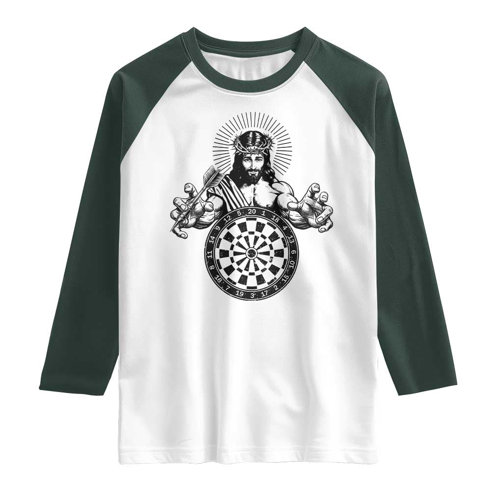 Funny Christian Dartist Gift Raglan Shirt Jesus Bullseye Shooter TS12 White Dark Forest Green Print Your Wear