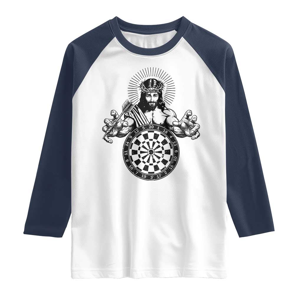 Funny Christian Dartist Gift Raglan Shirt Jesus Bullseye Shooter TS12 White Navy Print Your Wear