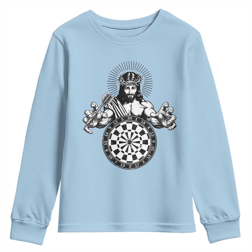 Funny Christian Dartist Gift Youth Sweatshirt Jesus Bullseye Shooter TS12 Light Blue Print Your Wear