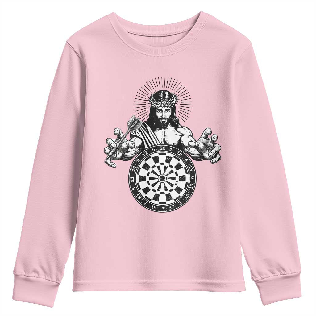 Funny Christian Dartist Gift Youth Sweatshirt Jesus Bullseye Shooter TS12 Light Pink Print Your Wear