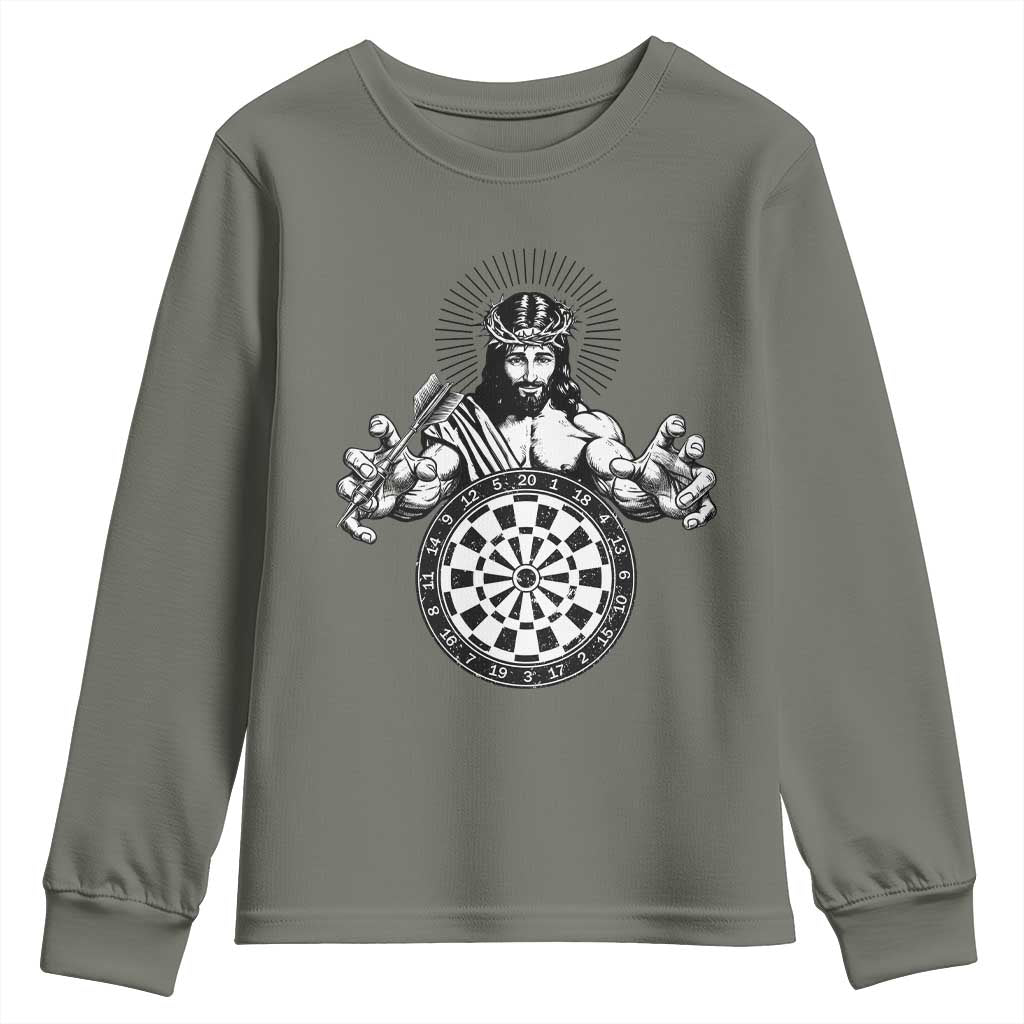 Funny Christian Dartist Gift Youth Sweatshirt Jesus Bullseye Shooter TS12 Military Green Print Your Wear