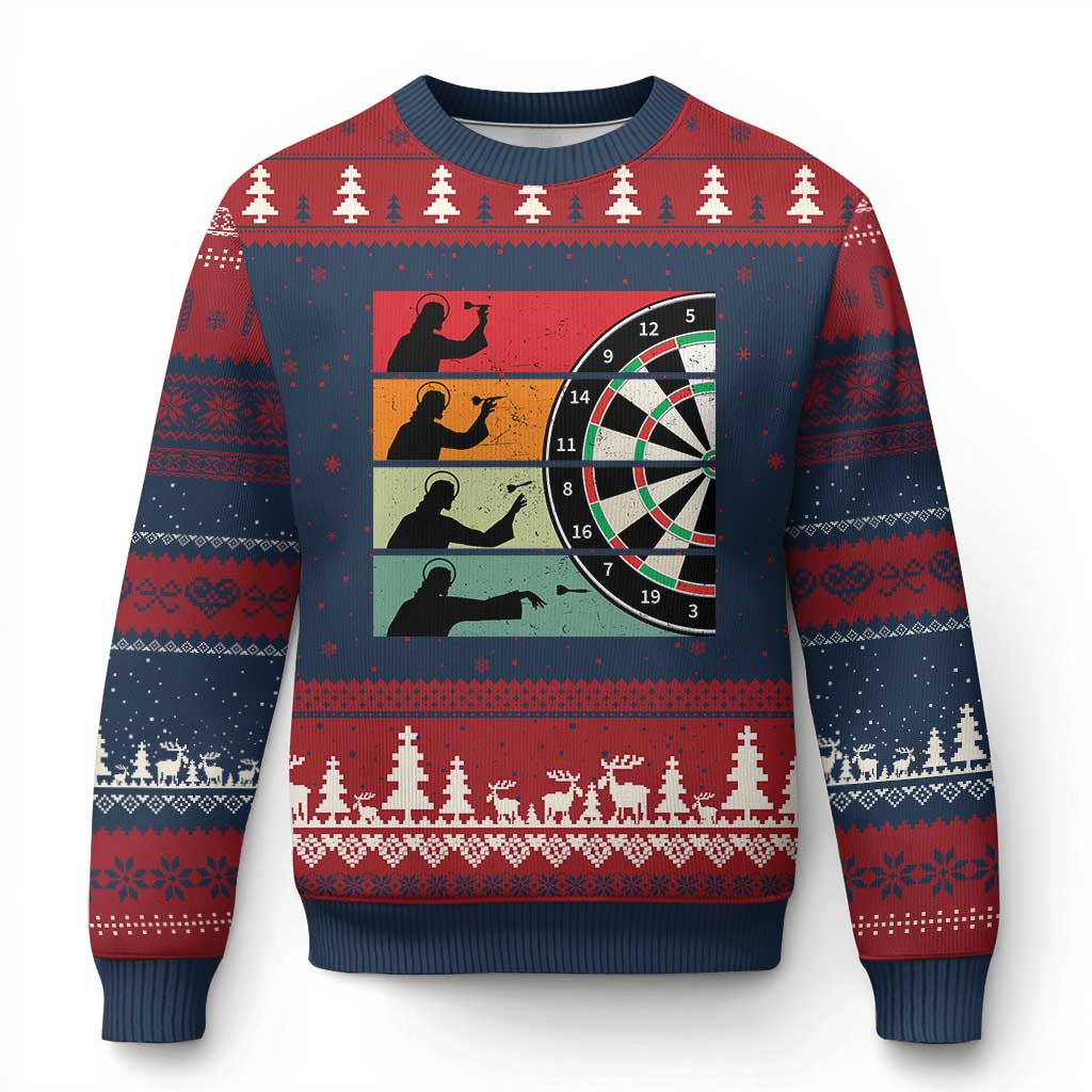 Vintage Darts Player Christian Faith Gift Ugly Christmas Sweater Jesus Bullseye Shooter TS12 Navy Red Print Your Wear