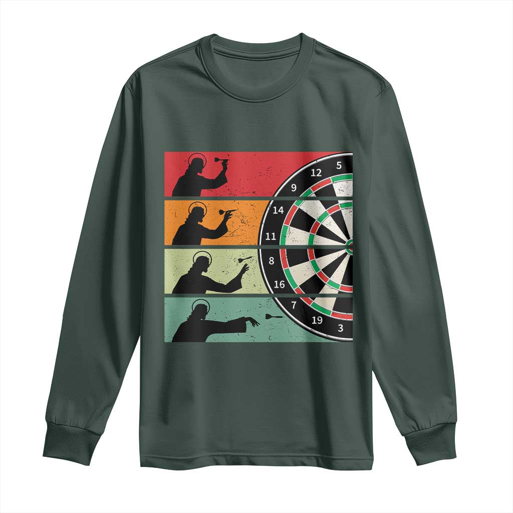 Vintage Darts Player Christian Faith Gift Long Sleeve Shirt Jesus Bullseye Shooter TS12 Dark Forest Green Print Your Wear
