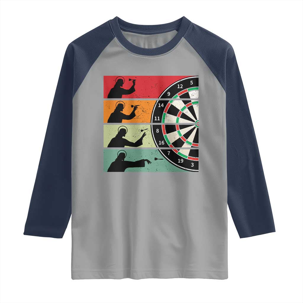 Vintage Darts Player Christian Faith Gift Raglan Shirt Jesus Bullseye Shooter TS12 Sport Gray Navy Print Your Wear