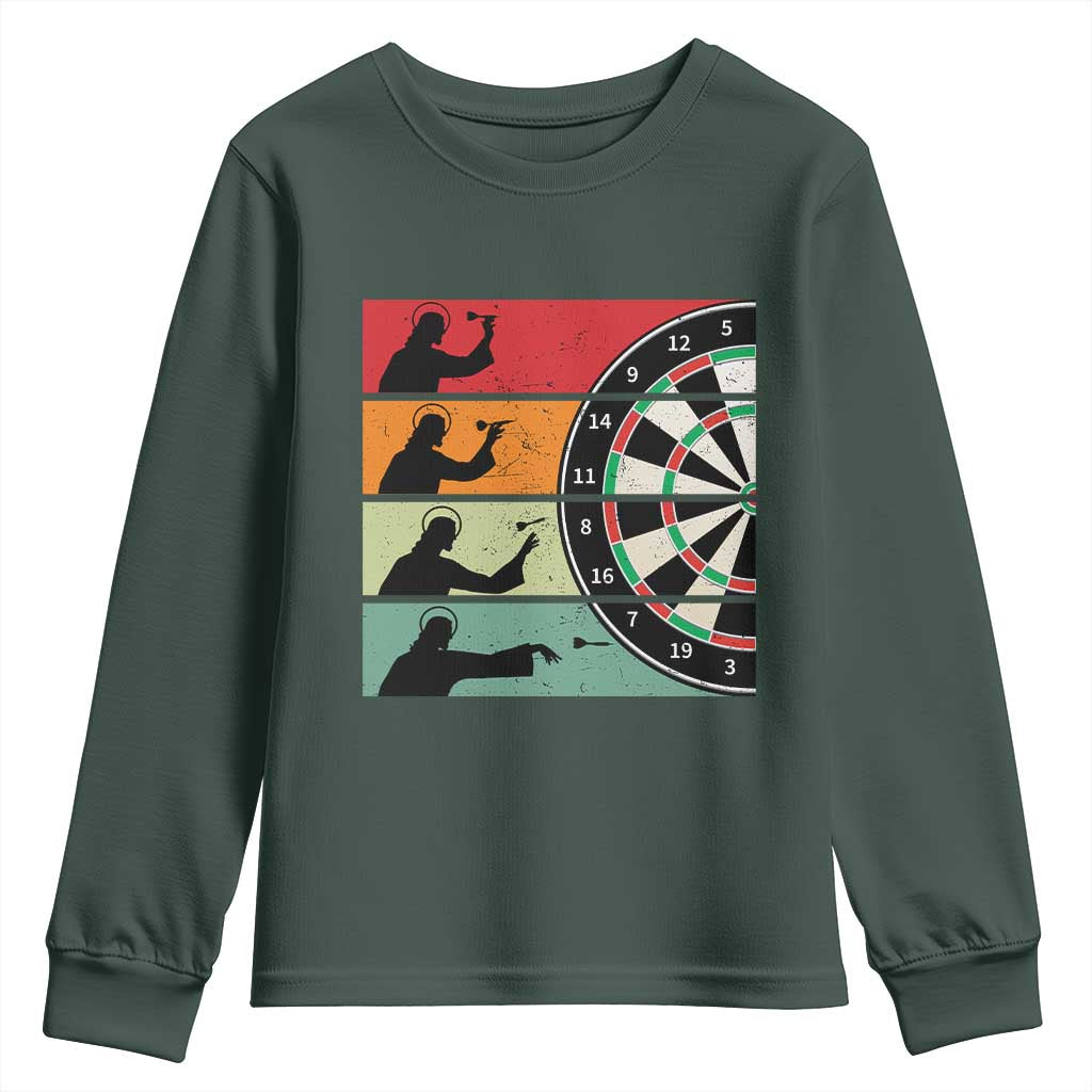 Vintage Darts Player Christian Faith Gift Youth Sweatshirt Jesus Bullseye Shooter TS12 Dark Forest Green Print Your Wear