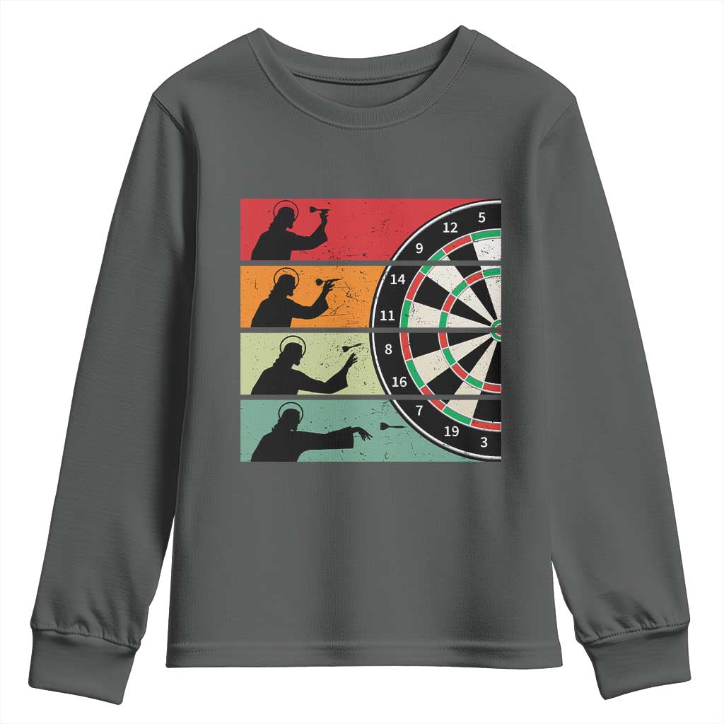 Vintage Darts Player Christian Faith Gift Youth Sweatshirt Jesus Bullseye Shooter TS12 Dark Heather Print Your Wear