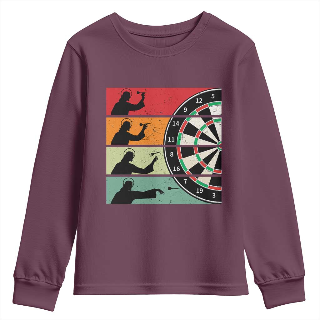 Vintage Darts Player Christian Faith Gift Youth Sweatshirt Jesus Bullseye Shooter TS12 Maroon Print Your Wear