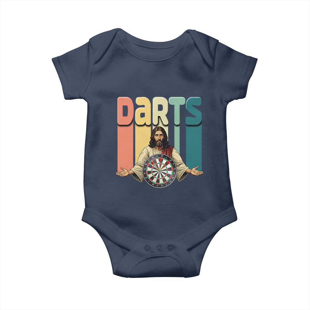 Funny Jesus Dart Player Sunset Retro Vintage Baby Onesie Christian Dartist Gift TS12 Navy Print Your Wear